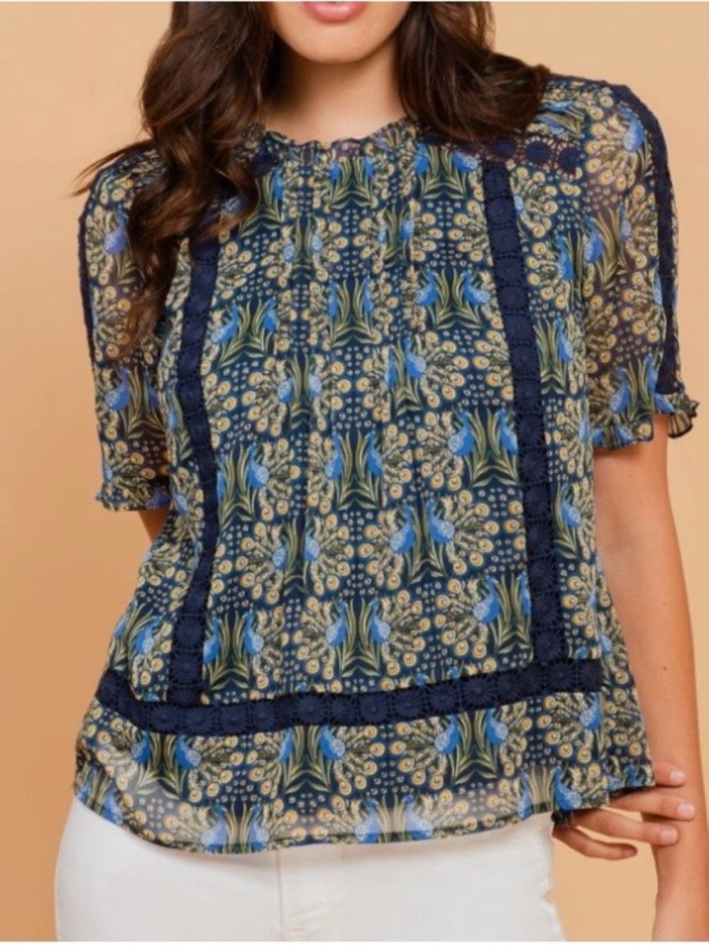 Daniel Rainn Navy Blue Floral Lace-Trim Peasant Blouse size xs